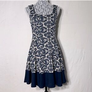 Mystic Cream Navy Textured Jacquard Fit And Flare Sleeveless Dress M